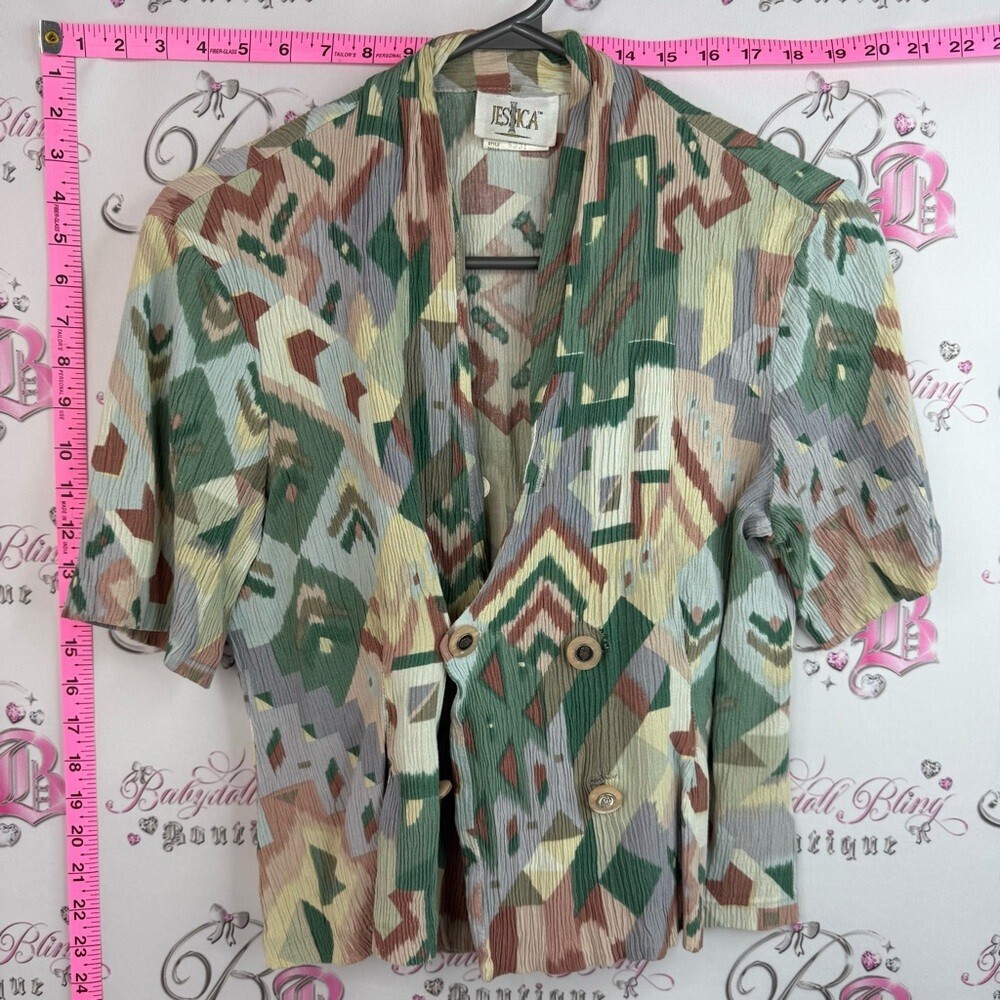 Jessica T-shirt button up Green Tan Multicolor Geometric Short Sleeve Blazer
